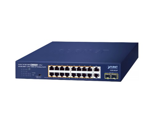 коммутатор/ PLANET GSD-2022P 16-Port 10/100/1000T 802.3at PoE + 2-Port 10/100/1000T + 2-Port 1000X SFP Unmanaged Gigabit Ethernet Switch (185W PoE Budget, Standard/VLAN/Extend mode, supports PD alive check, desktop size with rackmount kit)