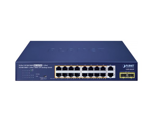 коммутатор/ PLANET GSD-2022P 16-Port 10/100/1000T 802.3at PoE + 2-Port 10/100/1000T + 2-Port 1000X SFP Unmanaged Gigabit Ethernet Switch (185W PoE Budget, Standard/VLAN/Extend mode, supports PD alive check, desktop size with rackmount kit)