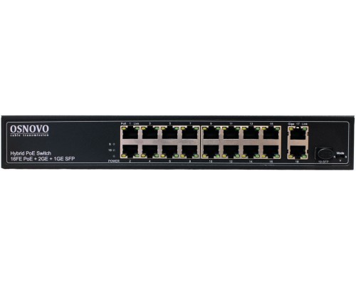 Корпоративный POE-коммутатор OSNOVO PoE коммутатор FE, 16 *10/100 Base-T с PoE, 2 x GE Uplink (RJ45), 1 x GE SFP Uplink, мощность PoE на порт до 30W, суммарно PoE до 292W