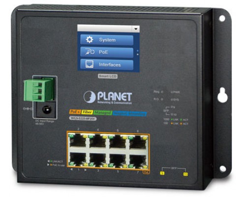 коммутатор/ PLANET IP30, IPv6/IPv4, L2+ 8-Port 10/100/1000T 802.3at PoE + 2-Port 1G/2.5G SFP Wall-mount Managed Switch with LCD touch screen (-20~70 degrees C, dual power input on 48-56VDC terminal block and power jack, ERPS Ring, 1588, Modbus TCP, O