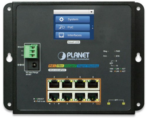 коммутатор/ PLANET IP30, IPv6/IPv4, L2+ 8-Port 10/100/1000T 802.3at PoE + 2-Port 1G/2.5G SFP Wall-mount Managed Switch with LCD touch screen (-20~70 degrees C, dual power input on 48-56VDC terminal block and power jack, ERPS Ring, 1588, Modbus TCP, O