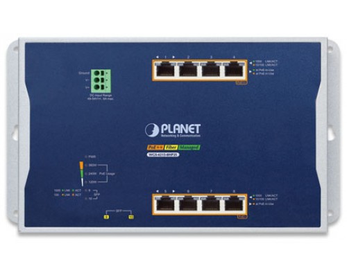 коммутатор/ PLANET WGS-4215-8HP2S IP30, IPv6/IPv4, 4-Port 10/100/1000T 802.3bt 95W PoE + 4-Port 10/100/1000T 802.3at PoE + 2-Port 100/1000X SFP Wall-mount Managed Switch (-40~75 C, Max. 360W PoE budget, 250m Extend mode, supports ERPS Ring, CloudView