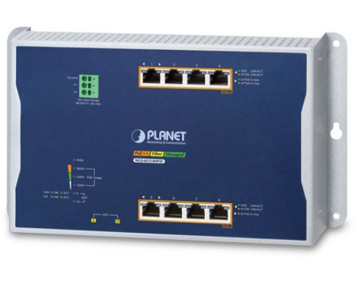 коммутатор/ PLANET WGS-4215-8HP2S IP30, IPv6/IPv4, 4-Port 10/100/1000T 802.3bt 95W PoE + 4-Port 10/100/1000T 802.3at PoE + 2-Port 100/1000X SFP Wall-mount Managed Switch (-40~75 C, Max. 360W PoE budget, 250m Extend mode, supports ERPS Ring, CloudView