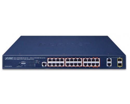 коммутатор/ PLANET GS-4210-24HP2C IPv6/IPv4,4-Port 10/100/1000T 802.3bt 95W PoE + 20-Port 10/100/1000T 802.3at PoE + 2-Port Gigabit TP/SFP Combo Managed Switch(515W PoE Budget, 250m Extend mode, supports ERPS Ring, CloudViewer app, MQTT and cybersecu