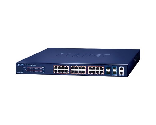 коммутатор/ PLANET SGS-5240-24P4X L2+ 24-Port 10/100/1000T 802.3at PoE + 4-Port 10G SFP+ Stackable Managed Switch (370-watt PoE budget, Hardware Layer3 IPv4/IPv6 Static Routing, ERPS Ring, hardware stacking up to 6 units, IP clustering up to 16 units