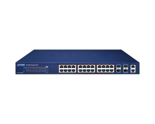 коммутатор/ PLANET SGS-5240-24P4X L2+ 24-Port 10/100/1000T 802.3at PoE + 4-Port 10G SFP+ Stackable Managed Switch (370-watt PoE budget, Hardware Layer3 IPv4/IPv6 Static Routing, ERPS Ring, hardware stacking up to 6 units, IP clustering up to 16 units