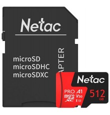Карта памяти Netac P500 PRO NT02P500PRO-512G-R microSD, 512Gb, Class10, UHS-I Class 3 (U3), чтение  до 100 Мб/сек, с SD адаптером                                                                                                                         