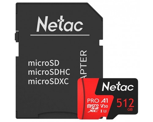 Карта памяти Netac P500 PRO NT02P500PRO-512G-R microSD, 512Gb, Class10, UHS-I Class 3 (U3), чтение  до 100 Мб/сек, с SD адаптером