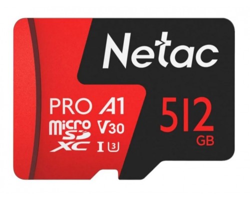 Карта памяти Netac P500 PRO NT02P500PRO-512G-R microSD, 512Gb, Class10, UHS-I Class 3 (U3), чтение  до 100 Мб/сек, с SD адаптером