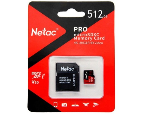 Карта памяти Netac P500 PRO NT02P500PRO-512G-R microSD, 512Gb, Class10, UHS-I Class 3 (U3), чтение  до 100 Мб/сек, с SD адаптером