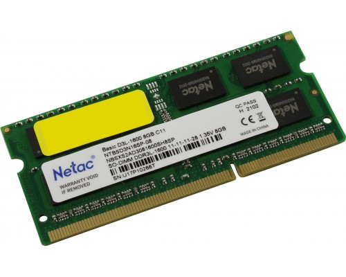 Оперативная память 8GB Netac NTBSD3N16SP-08 DDR3L, 1600 MHz, 12800 Мб/с, CL11, 1.35 В (SO-DIMM)