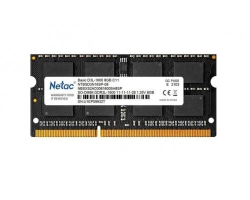 Оперативная память 8GB Netac NTBSD3N16SP-08 DDR3L, 1600 MHz, 12800 Мб/с, CL11, 1.35 В (SO-DIMM)