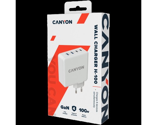 Адаптер питания Canyon, GAN 100W charger  Input:  100V-240V Output: USB-C1/C2: 5V 3A , 9V 3A , 12V 3A , 15V 3A , 20V 5A  USB-A 1/A2: 4.5V/5A, 5V/4.5A, 9V/3A, 12V/2.5A,  20V/1.5A  C1+C2 : 65W + 30W? C1+A1 : 65W + 30W ? C1+A2 : 65W + 30W ?C1+A1+A2 : 65