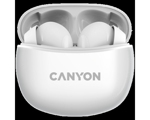 Гарнитура Canyon TWS-5 Bluetooth headset, with microphone, BT V5.3 JL 6983D4, Frequence Response:20Hz-20kHz, battery EarBud 40mAh*2+Charging Case 500mAh, type-C cable length 0.24m, size: 58.5*52.91*25.5mm, 0.036kg, White