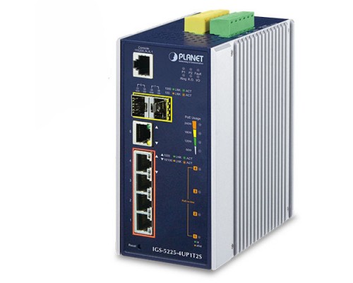 Коммутатор PLANET IP30 Industrial L2+/L4 4-Port 60W 1000T Ultra PoE+ 1-Port 1000T + 2-port 100/1000X SFP Full Managed Switch (-40 to 75 C, dual redundant power input on 48~56VDC terminal block, DIDO, ERPS Ring Supported, 1588)