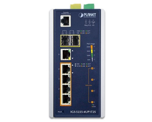 Коммутатор PLANET IP30 Industrial L2+/L4 4-Port 60W 1000T Ultra PoE+ 1-Port 1000T + 2-port 100/1000X SFP Full Managed Switch (-40 to 75 C, dual redundant power input on 48~56VDC terminal block, DIDO, ERPS Ring Supported, 1588)