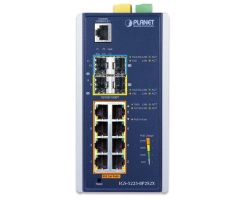 коммутатор/ PLANET IP30 Industrial L2+/L4 8-Port 1000T 802.3at PoE+ 2-port 100/1000X SFP + 2-port 10G SFP+ Full Managed Switch (-40 to 75 C, dual redundant power input on 48~56VDC terminal block, DIDO)