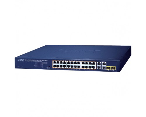 коммутатор/ PLANET GSW-2824P 24-Port 10/100/1000T 802.3at PoE + 2-Port 10/100/1000T + 2-Port Gigabit TP/SFP Combo Ethernet Switch (250W PoE Budget, Standard/VLAN/Extend mode, supports PD alive check)