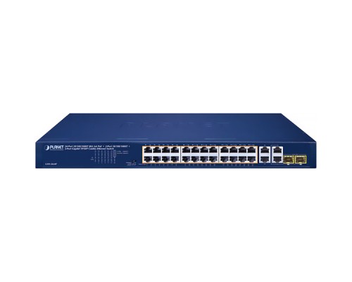 коммутатор/ PLANET GSW-2824P 24-Port 10/100/1000T 802.3at PoE + 2-Port 10/100/1000T + 2-Port Gigabit TP/SFP Combo Ethernet Switch (250W PoE Budget, Standard/VLAN/Extend mode, supports PD alive check)