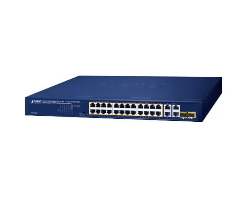 коммутатор/ PLANET GSW-2824P 24-Port 10/100/1000T 802.3at PoE + 2-Port 10/100/1000T + 2-Port Gigabit TP/SFP Combo Ethernet Switch (250W PoE Budget, Standard/VLAN/Extend mode, supports PD alive check)