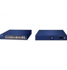 коммутатор/ PLANET 24-Port 10/100TX 802.3at PoE + 2-Port 10/100/1000T + 1-Port shared 1000X SFP Unmanaged Gigabit Ethernet Switch (185W PoE Budget, Standard/VLAN/Extend mode, supports PD alive check, desktop size with rackmount kit)                  