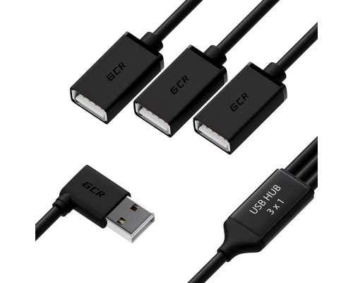 USB-концентратор Greenconnect USB 2.0 Хаб гибкий 0.35m для 3-х устройств одновременно, двусторонний угловой AM / 3 х AF, черный, GCR-51545