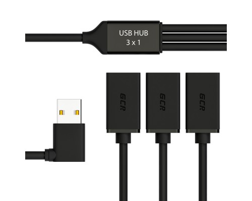 USB-концентратор Greenconnect USB 2.0 Хаб гибкий 0.35m для 3-х устройств одновременно, двусторонний угловой AM / 3 х AF, черный, GCR-51545