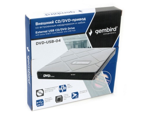 Внешний DVD-привод Gembird DVD-USB-04 USB 3.0 со встроенным кардридером и хабом пластик, черный (271668)
