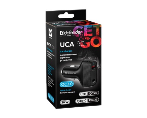 Автомобильное ЗУ UCA-90 36W, USB QC3.0, Type-C/PD3.0 DEFENDER (838368)