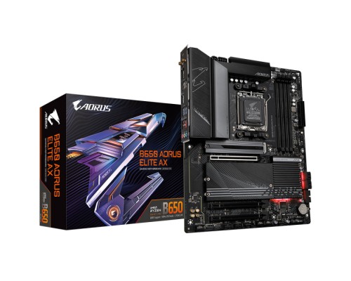 Материнская плата B650 AORUS ELITE AX, Socket AM5, AMD B650, 4xDDR5-5200, HDMI+DP, 3xPCI-Ex16, 4xSATA3(RAID 0/1/10), 3xM.2, 8 Ch Audio, 2.5GLan, WiFi, (4+4)xUSB2.0, (7+2)xUSB3.2, (0+1)xUSB3.2 Type-C™, ATX, RTL  (849375)