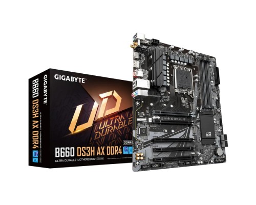 Материнская плата B660 DS3H AX DDR4, Socket 1700, Intel®B660, 4xDDR4-3200, HDMI+DP, 5xPCI-Ex16, 4xSATA3(RAID 0/1/5/10), 2xM.2, 8Ch Audio, GLan, WiFi, (4+4)xUSB2.0, (1+2)xUSB3.2, (1+1)xUSB3.2 Type-C™, 1xPS/2, ATX, RTL  (833381)