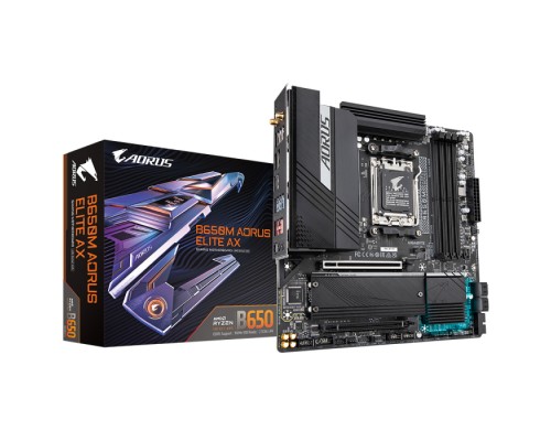 Материнская плата B650M AORUS ELITE AX, Socket AM5, AMD B650, 4xDDR5-5200, HDMI+DP, 2xPCI-Ex16, 4xSATA3(RAID 0/1/10), 2xM.2, 8 Ch Audio, 2.5GLan, WiFi, (4+4)xUSB2.0, (7+2)xUSB3.2, (1+1)xUSB3.2 Type-C™, mATX, RTL  (849399)