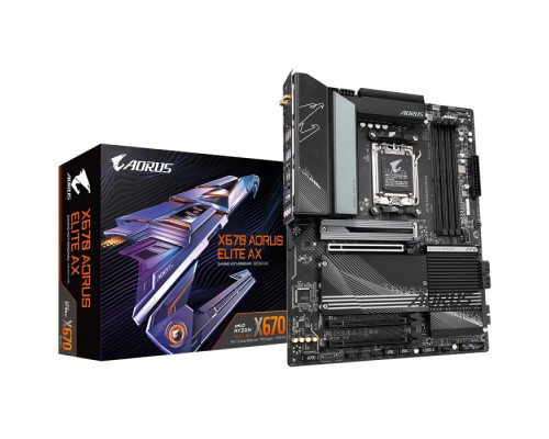 Материнская плата X670 AORUS ELITE AX, Socket AM5, AMD X670, 4xDDR5-5200, HDMI, 3xPCI-Ex16, 4xSATA3(RAID 0/1/10), 2xM.2, 6 Ch Audio, 1x2,5GLan, (4+4)xUSB2.0, (8+4)xUSB3.2, (1+1)xUSB3.2 Type-C™, ATX, RTL  (848798)