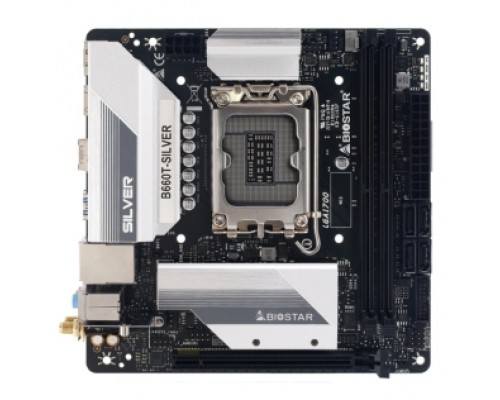 Материнская плата B660T-SILVER, Socket 1700, Intel®B660, 2xDDR4-3200, HDMI+DP, 1xPCI-Ex16, 4xSATA3, 2xM.2, 8Ch Audio, 1x2,5GLan, (2+2)xUSB2.0, (4+2)xUSB3.2, 1xPS/2, Mini ITX, RTL