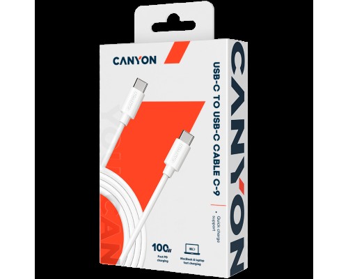 Кабель для быстрой зарядки CANYON C-9, 100W, 20V/ 5A, typeC to Type C, 1.2M with Emark, Power wire :20AWG*4C,Signal wires :28AWG*4C,OD4.3mm +/- 0.2mm, PVC ,White