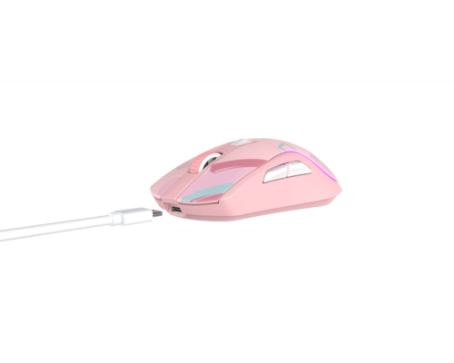 Мышь игровая беспроводная Dareu A950 Pink (розовый), DPI 400/800/1600/3200/6400/12000, подключение Tri-mode: проводное+2.4GHz+BT, встроенный аккумулятор 930mAh, зарядная станция, подсветка RGB, размер 123x64x39мм