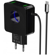 Зарядное устройство СЗУ More choice NC48a black 2хUSB, 2.1А, со встроенным кабелем USB Type-C, LED подсветка, держатель для кабеля, черный                                                                                                                