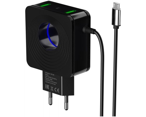 Зарядное устройство СЗУ More choice NC48a black 2хUSB, 2.1А, со встроенным кабелем USB Type-C, LED подсветка, держатель для кабеля, черный