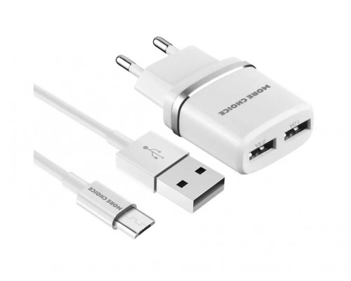 Зарядное устройство СЗУ More choice NC22m white 2х USB, 2.4А, с кабелем micro USB, держатель для кабеля, белый