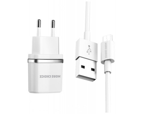 Зарядное устройство СЗУ More choice NC22m white 2х USB, 2.4А, с кабелем micro USB, держатель для кабеля, белый