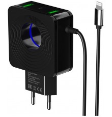 Зарядное устройство СЗУ More choice NC48a black 2х USB, 2.1А, со встроенным кабелем Lightning 8-pin, LED подсветка, держатель для кабеля, черный                                                                                                          