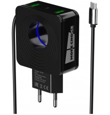 Зарядное устройство СЗУ More choice NC48m black 2х USB, 2.1А, со встроенным кабелем micro USB, LED подсветка, держатель для кабеля, черный                                                                                                                