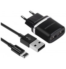 Зарядное устройство СЗУ More choice NC22i black 2х USB, 2.4А, с кабелем Lightning 8-pin, держатель для кабеля, черный                                                                                                                                     
