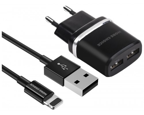 Зарядное устройство СЗУ More choice NC22i black 2х USB, 2.4А, с кабелем Lightning 8-pin, держатель для кабеля, черный