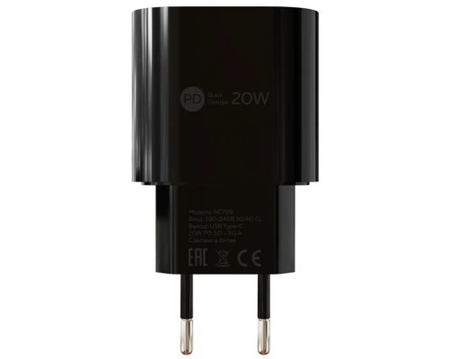 Зарядное устройство СЗУ More choice NC70S black, 20 Вт, Power Delivery, 1 х USB Type-C, 5 B - 3 A, черный