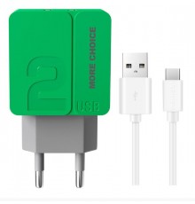 Зарядное устройство СЗУ More choice NC46a green/grey 2х USB, 2.4А, с кабелем USB Type-C, держатель для кабеля, зеленый/серый                                                                                                                              