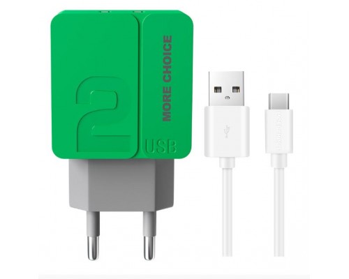 Зарядное устройство СЗУ More choice NC46a green/grey 2х USB, 2.4А, с кабелем USB Type-C, держатель для кабеля, зеленый/серый