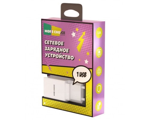 Зарядное устройство СЗУ More choice NC33 white USB, 5В/1А, USB-фонарик, без кабеля, белый