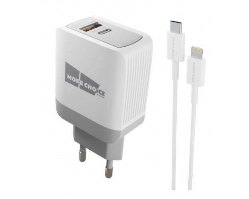 Зарядное устройство СЗУ More choice NC71Si white 20 Вт, 1х USB Type-C, 5B - 3A (PD), 1x USB Quick Charge 3.0, с кабелем Lightning, белый