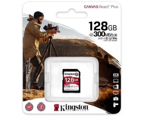 Карта памяти Kingston Canvas React Plus SDR2/128GB, Class10, 128Gb, SD, UHS-II (U3), V90, чтен  300 Мб/с, зап  260 Мб/с